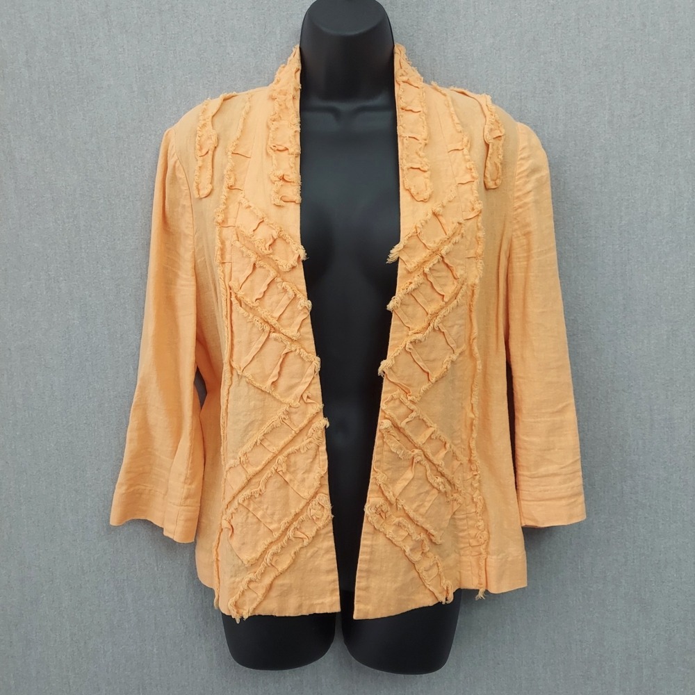 Chicos Open Front Jacket Sz 1 Peach Linen Cotton Frayed Trim 3/4 Sleeve Layer M